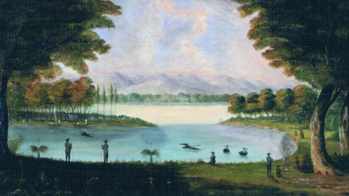 Oil canvas painting of lagoon surrounded by trees and wildlife 